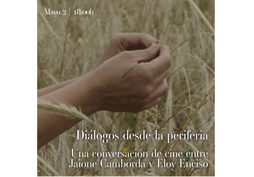 Los brazos de una mujer en un campo de trigo. Rótulos con el título y fecha de celebración del coloquio.